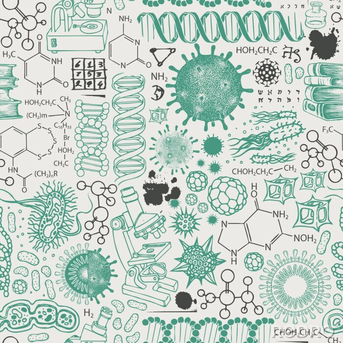 Canvas Vector seamless pattern on the theme of chemistry, biology, genetics, medicine. Abstract background with hand-drawn sketches in retro style. Suitable for wallpaper, wrapping paper, fabric