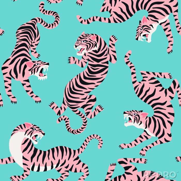 Canvas Vector seamless pattern with cute tigers on background. Circus animal show. Fashionable fabric design.