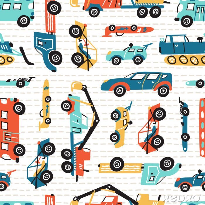 Canvas Vector Seamless Pattern with Doodle Toy Racing Cars, Heavy Construction Trucks. Cartoon Transportation Background for Kids. 