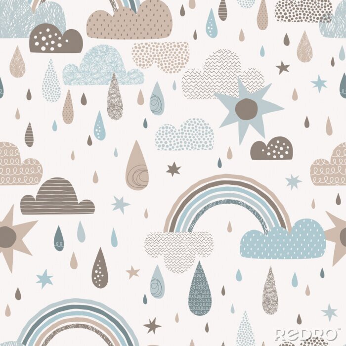 Canvas Vector sky seamless pattern with clouds, rain drops, rainbow, sun. Cute doodle decorative scandinavian print for textile, fabric, apparel gender-neutral kid nursery design