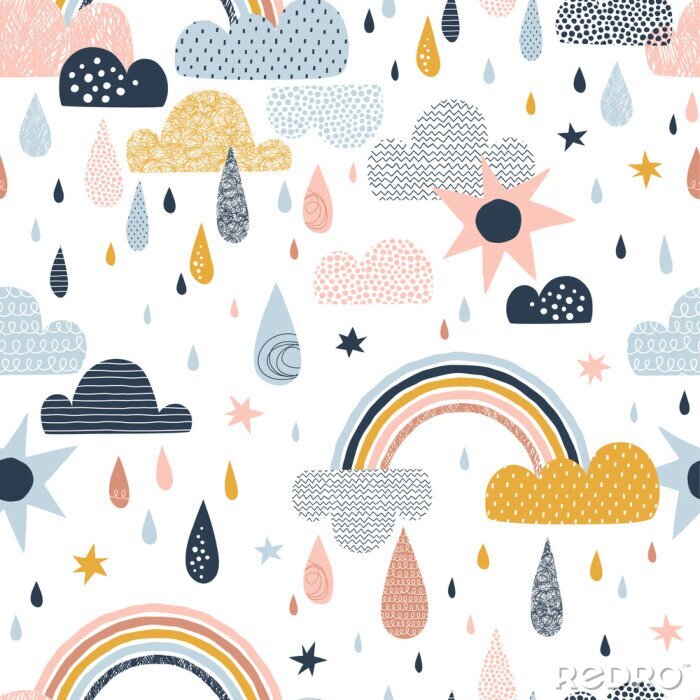 Canvas Vector sky seamless pattern with clouds, rain drops, rainbow, sun. Cute doodle decorative scandinavian print for textile, fabric, apparel gender-neutral kid nursery design