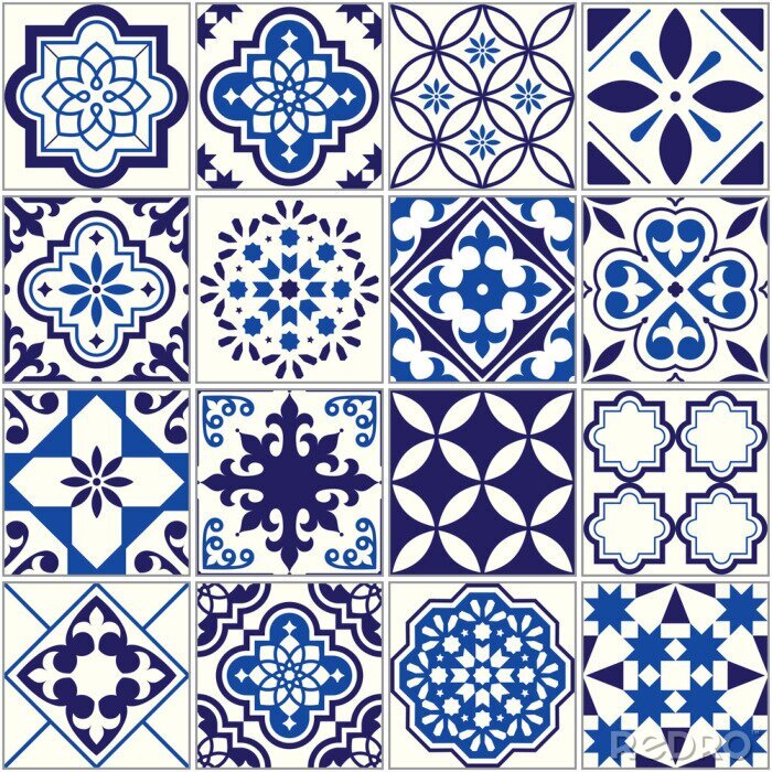 Canvas Vector tegel patroon, Lissabon bloemen mozaïek, Mediterrane naadloze marine blauw ornament
