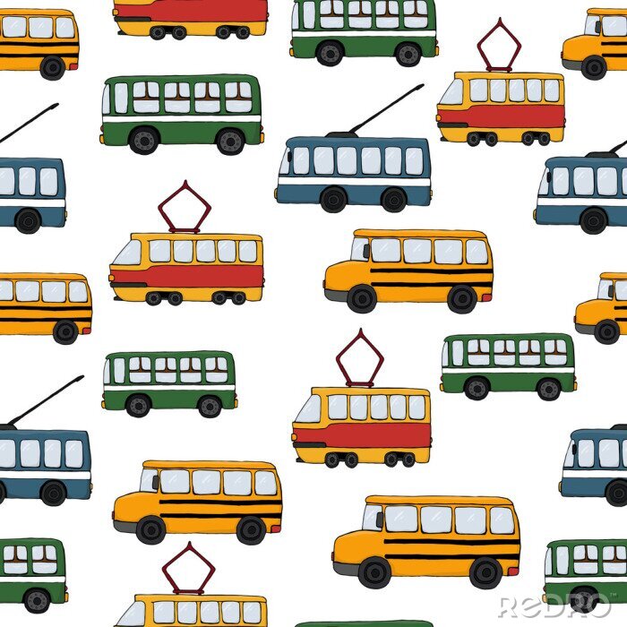 Canvas Vector transportation seamless pattern.Children repeating background with bus, tram, school bus, trolleybus. Endless backdrop for kids with public transport