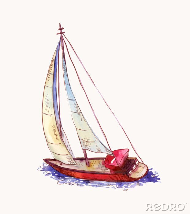 Canvas Vector watercolor red sailboat isolated on white. Seascape scene in sketch style