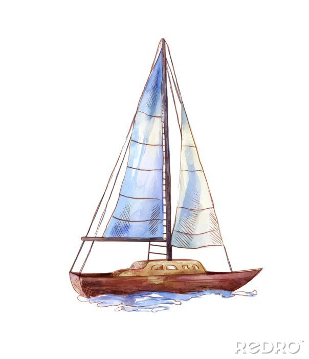 Canvas Vector watercolor sailboat isolated on white. Seascape scene in sketch style