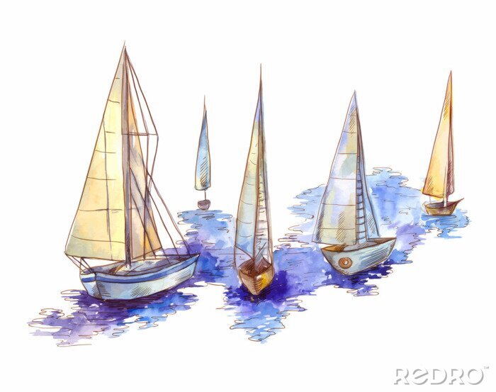 Canvas Vector watercolor sailboat regatta  isolated on white. Seascape scene in sketch style