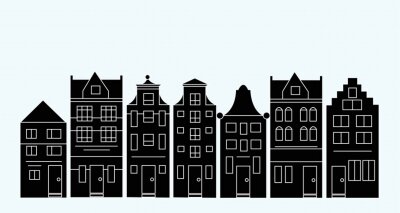 Vectorillustratie van verschillende Nederlandse huizen. Amsterdamse straat silhouetten.