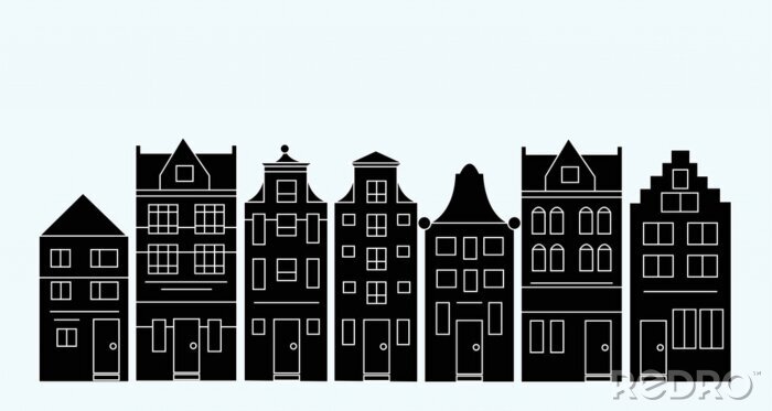 Canvas Vectorillustratie van verschillende Nederlandse huizen. Amsterdamse straat silhouetten.