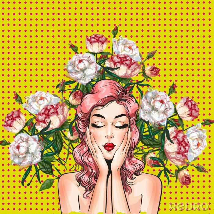 Canvas Vectorpop-art speld-omhooggaand meisje met pioenbloemen