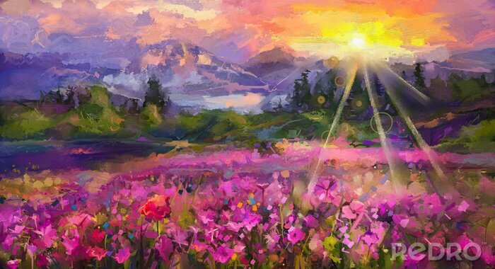 Canvas Veld met wilde bloemen op de achtergrond van een berglandschap