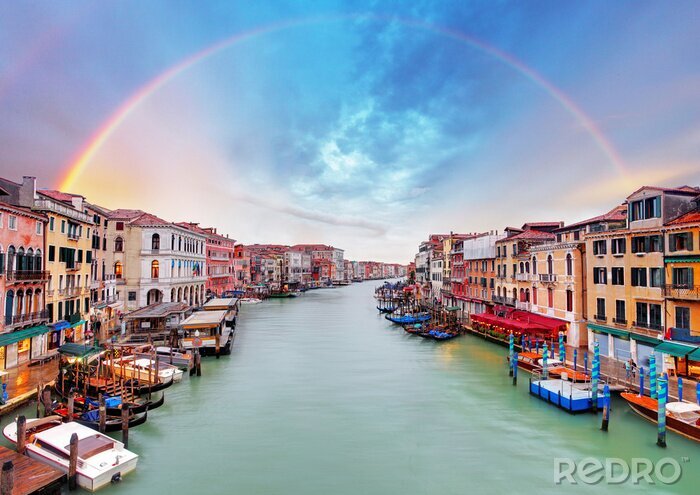 Canvas Venetië Ponte di Rialto en regenboog
