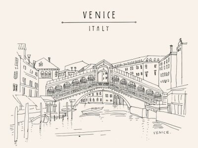 Canvas Venice, Italy, Europe. Famous Rialto bridge across Grand canal. Travel sketch. Artistic hand drawing. Vector hand drawn postcard, poster, artistic book, calendar or travel booklet illustration
