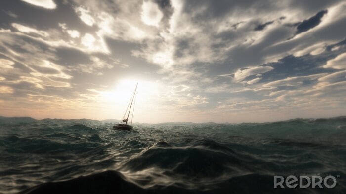 Canvas Verloren zeilboot in wilde stormachtige zee. Bewolkte hemel.