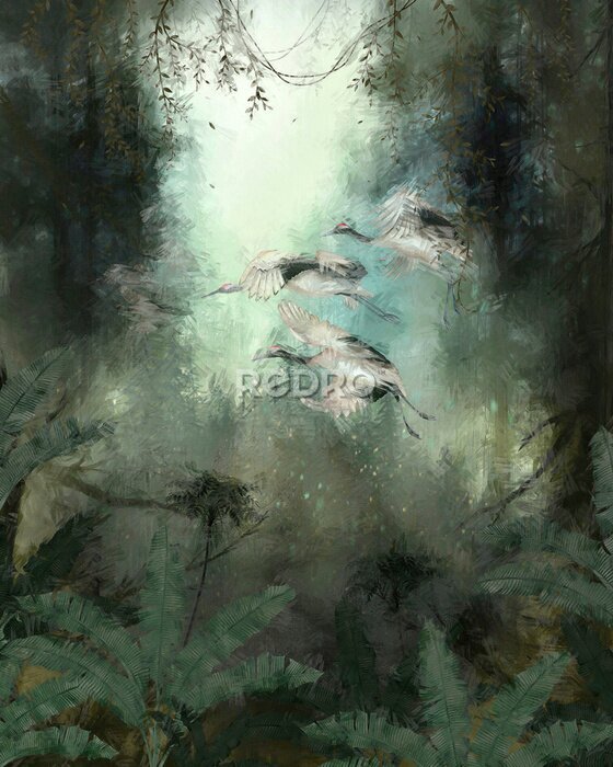 Canvas Vertrekkende vogels in de groene jungle