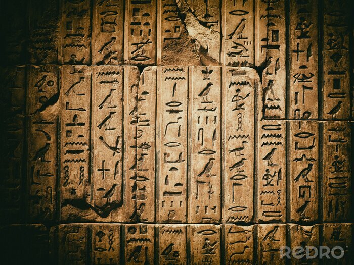 Canvas Verweerde oude Egyptische hiëroglief gesneden in zandsteen