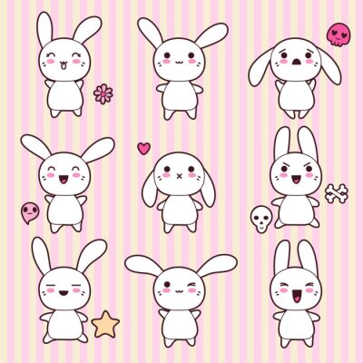 Canvas Verzameling van grappige en leuke gelukkige kawaii konijnen.