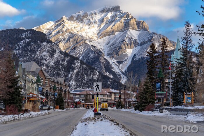 Canvas view of downtown Banff National Park, a Unesco World Heritage Site, during the winter. Cascade Mountain in background