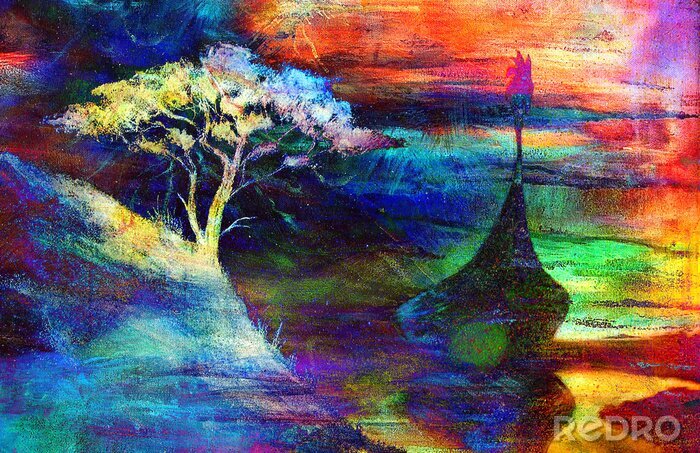 Canvas Viking Boot en boom op het strand, Boot met hout dragon.painting collage behang landschap