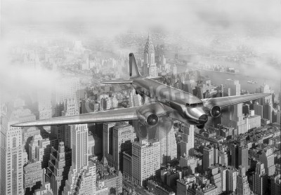 Canvas Vintage beeld van een Douglas DC-3 boven New York City
