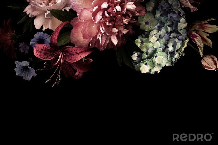 Canvas Vintage bloemen op een zwarte achtergrond