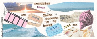 Canvas Vintage elements for collage and scrapbooking. Photo clippings of sea, sky, beach. Torn ticket to the sea and photographic film. Retro collage with memories.