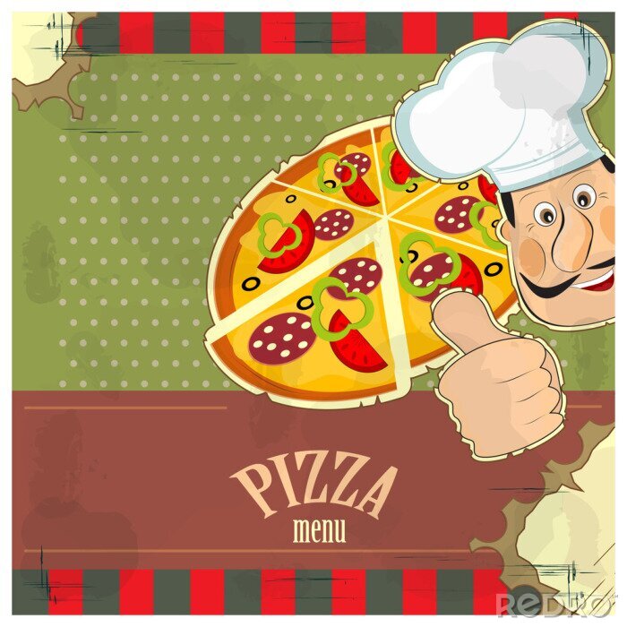 Canvas vintage menu - chef-kok en een pizza op grunge achtergrond