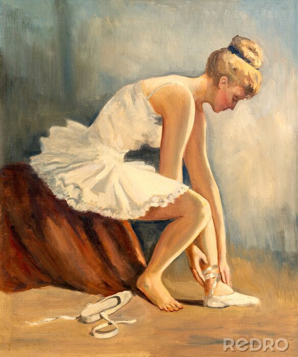Canvas Vintage oil painting of young ballerina siting down getting ready for practice.