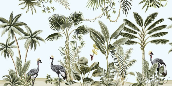 Canvas Vintage palmbomen en vogels