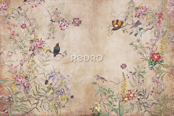 Canvas Vintage patroon met paradijsvogels en bloemen