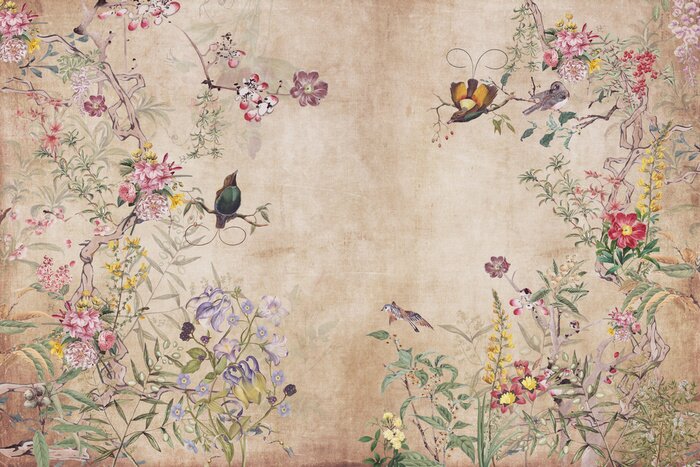 Canvas Vintage patroon met paradijsvogels en bloemen