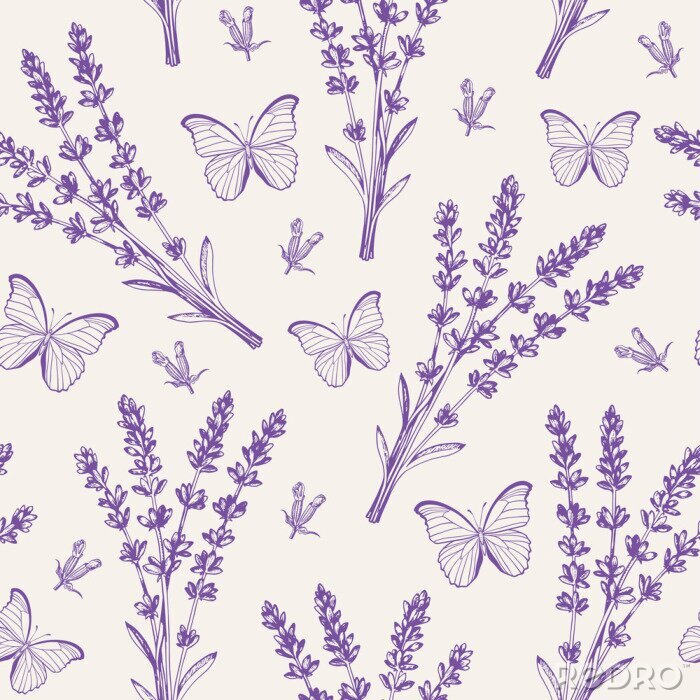 Canvas Vintage seamless pattern with lavender flowers and butterflies.