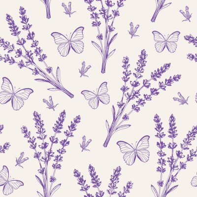 Behang Vintage seamless pattern with lavender flowers and butterflies.