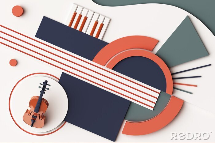 Canvas Violin and music instrument concept, Abstract composition of geometric shapes platforms in orange and blue tone. 3d rendering