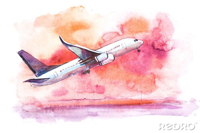 Canvas Vliegtuig dat opstijgt op een roze achtergrond