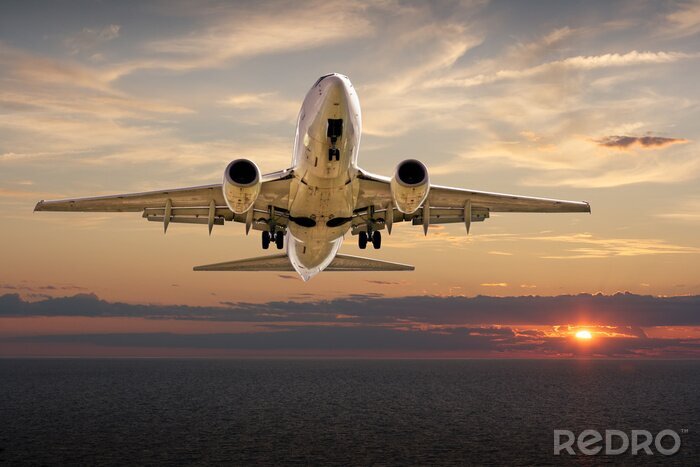 Canvas Vliegtuig landing bij zonsondergang