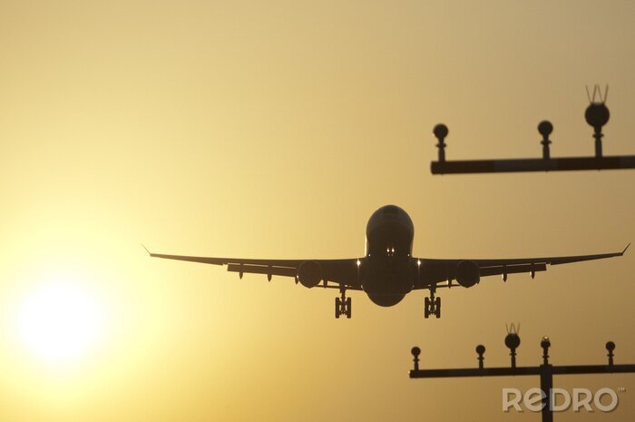 Canvas vliegtuig landing op de luchthaven van Frankfurt bij zonsopgang