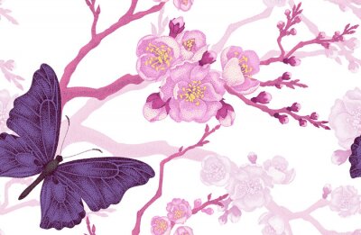 Vlinder aan een roze bloem met takjes