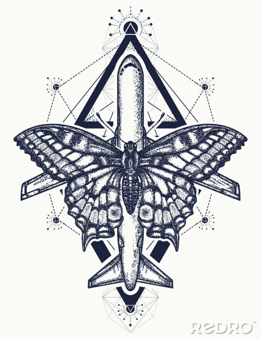 Canvas Vlinder en vliegtuig tattoo, symbool van toerisme, reis, droom, vakantie, vrijheid, vlucht, avonturen, motivaties, levensstijl. Mooi vlinder en het vliegtuigontwerp van het vliegtuigontwerp