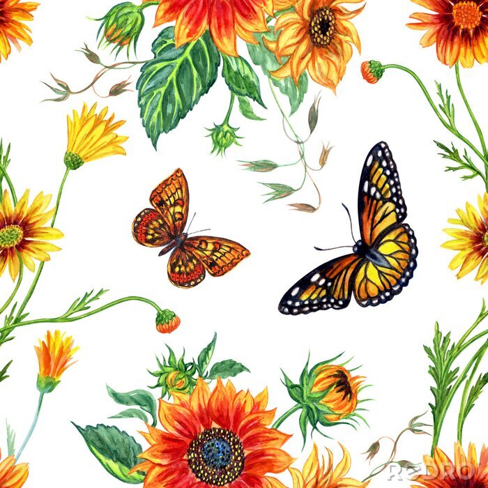 Canvas Vlinders tussen zonnebloemen