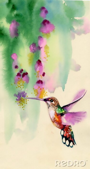 Canvas Vogel bij de bloemen in aquarel