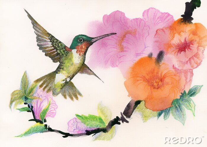 Canvas Vogel die naar bloemen vliegt