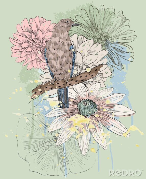Canvas Vogel en bloemen op groene achtergrond