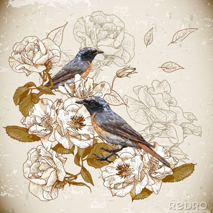 Canvas Vogels en bloemen in retrostijl
