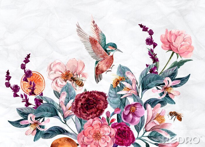 Canvas Vogels en kleurrijke bloemen