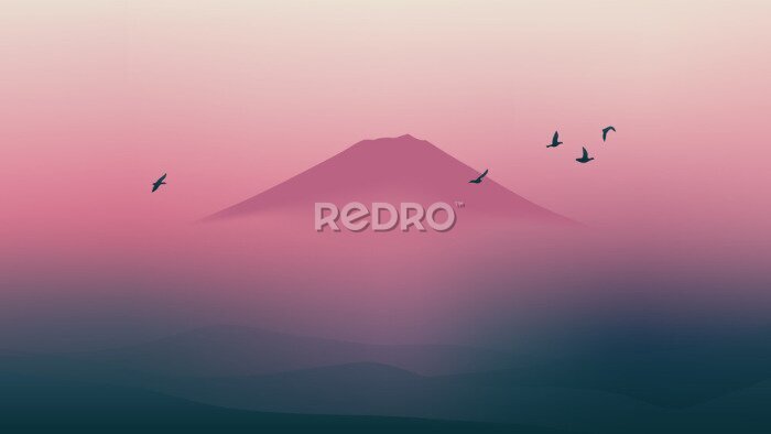 Canvas Vogels in de ondergaande lucht boven Fuji