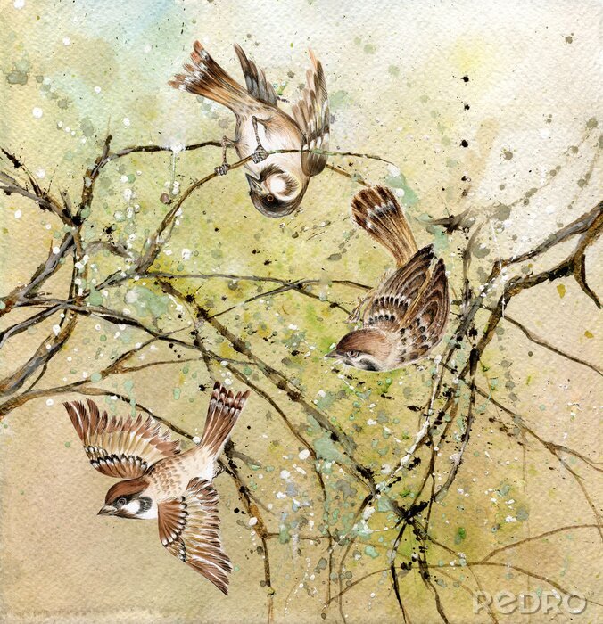 Canvas Vogels op de takken in een schilderachtige stijl