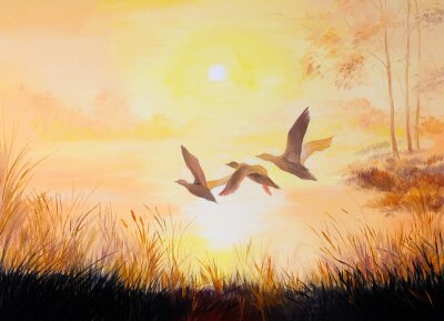 Canvas Vogels op de zonsondergangachtergrond