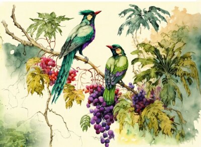 Canvas Vogels op wijnstoktakken