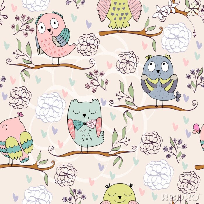 Canvas Vrolijke uilen op de takken