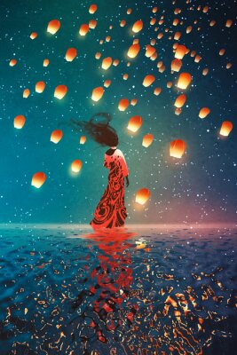 Canvas vrouw in kleding die zich op het water tegen de lantaarns drijvend in een nachtelijke hemel, illustratie painting